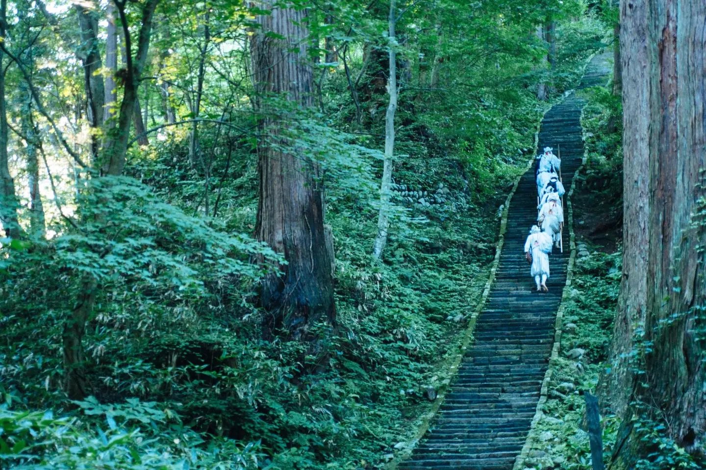A line of Yamabushi walking in white