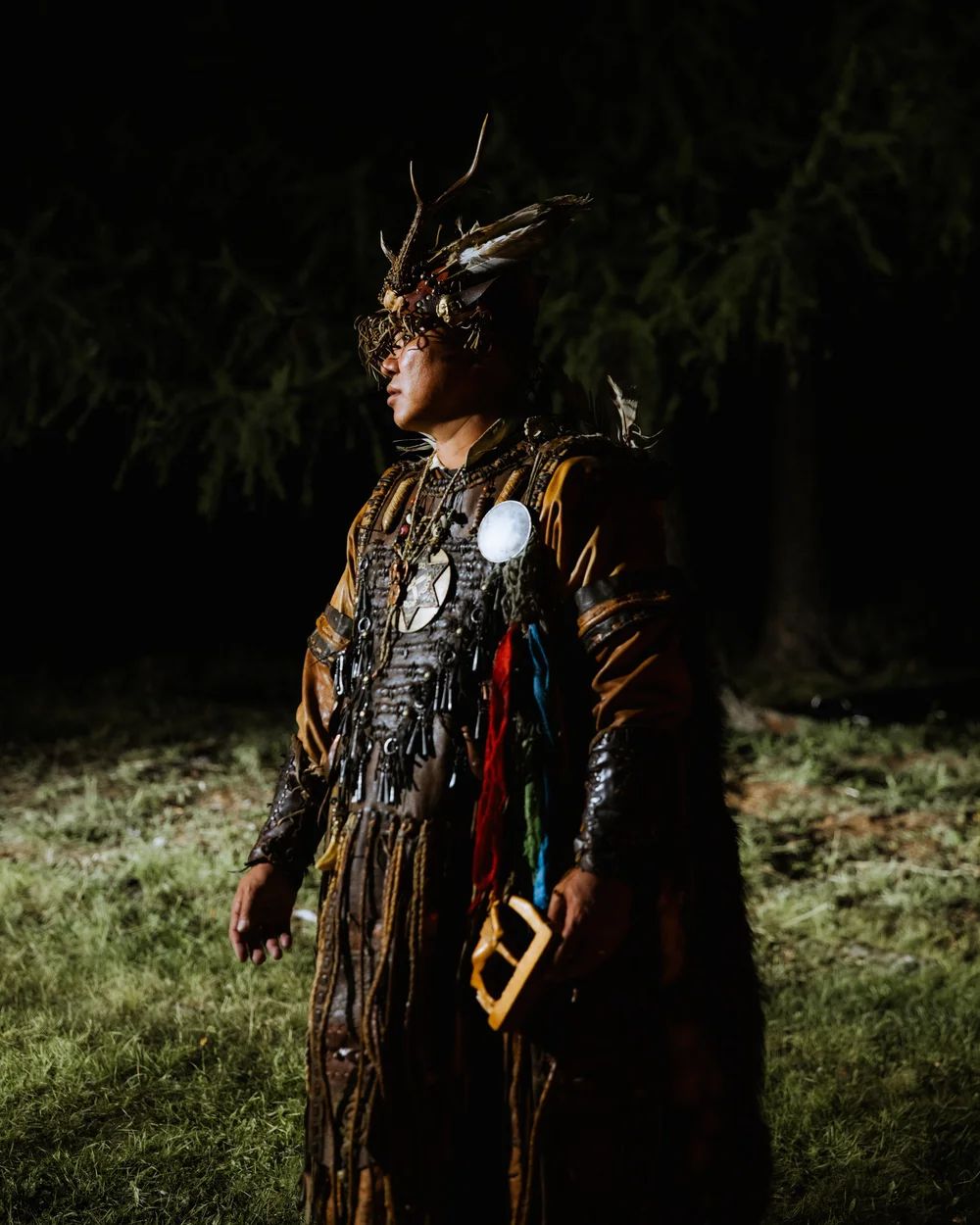 A Mongolian shaman at night