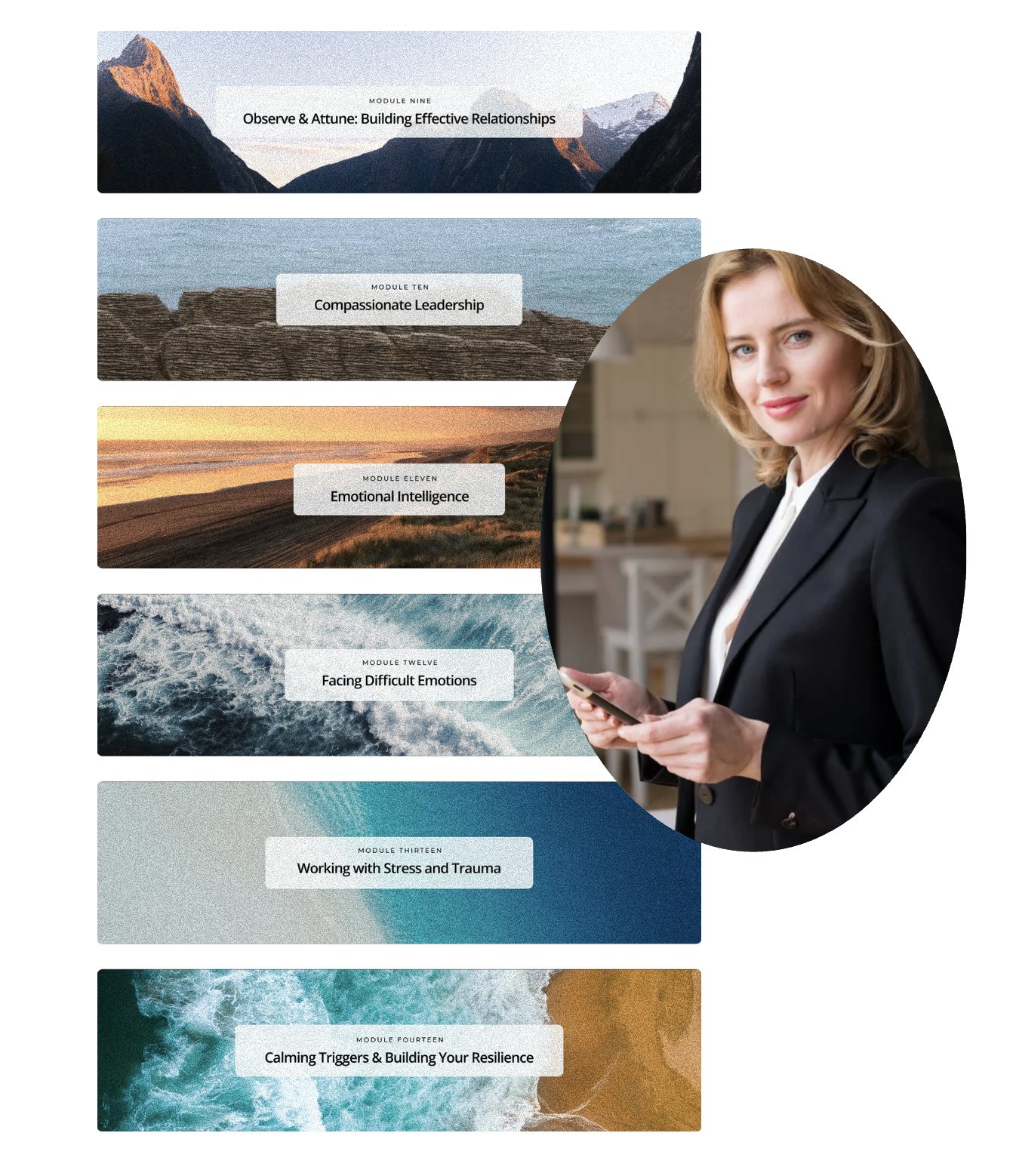 Abroad learning modules in the app, beside a leader holding her phone