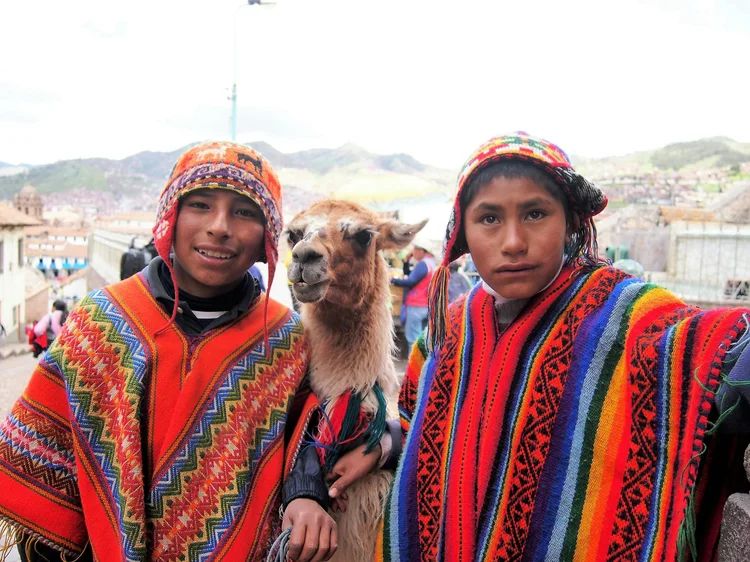 Andean children with a llama in Peru