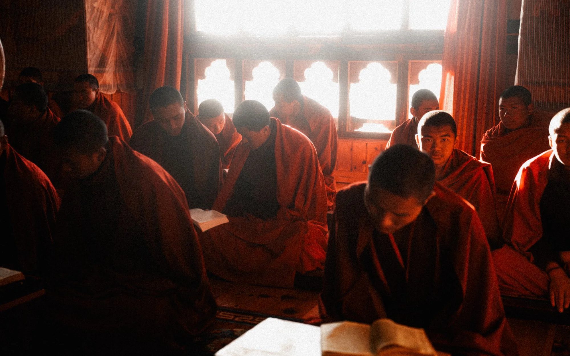 Young monks reading scripture by a bright temple window