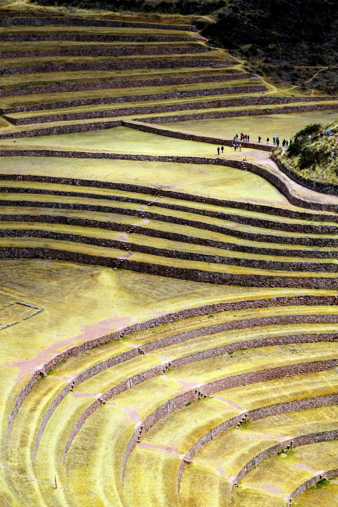 Walkers on the circular Inca terraces at Moray