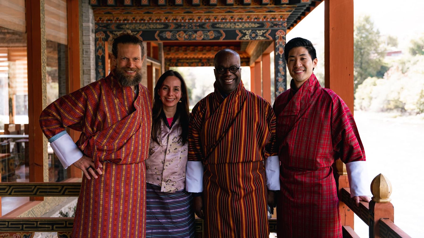 Abroad travelers in traditional Bhutanese dress